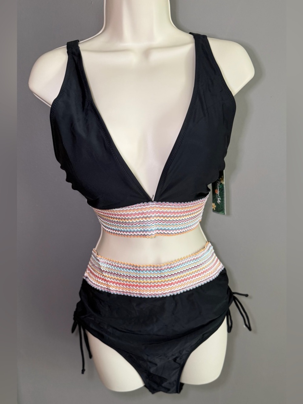 Blooming Jelly Black High Waisted Bikini Smocked Waist Ruched Adjustable Sides - Picture 11 of 11